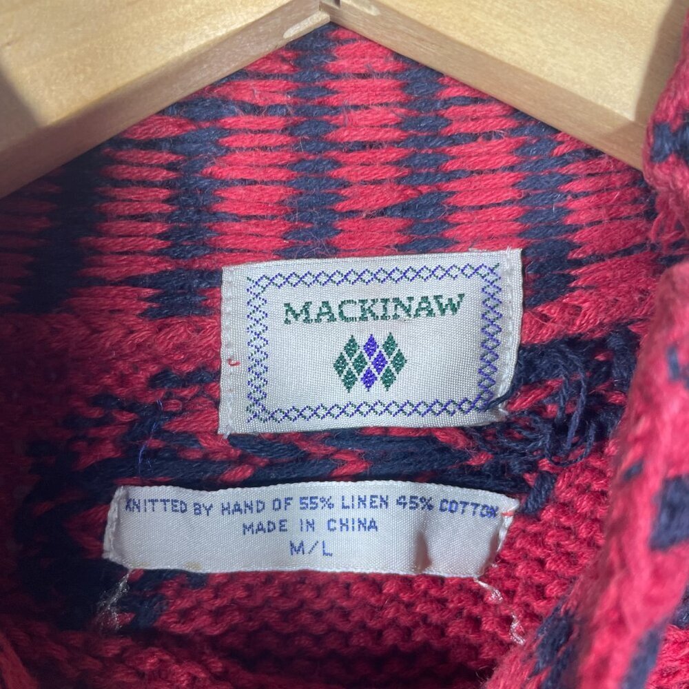 Vintage Hand Knitted Red Bird Print Mackinaw Sweater Linen Blend High Neck M/L! - Picture 4 of 5